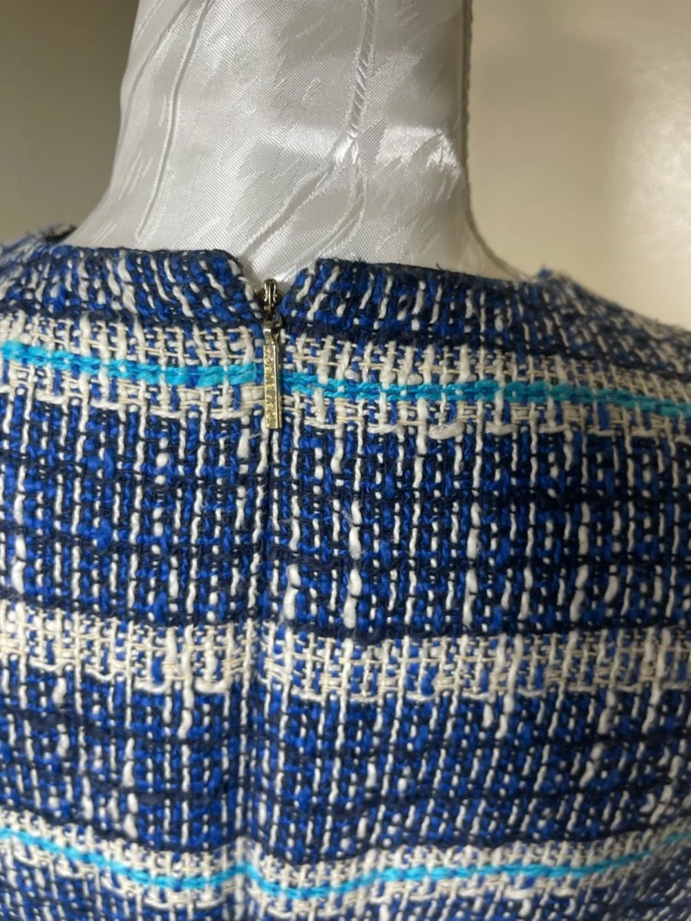 Tory Burch Petra  blue woven tweed, White & Aqua  Sleeveless Midi Dress size 10